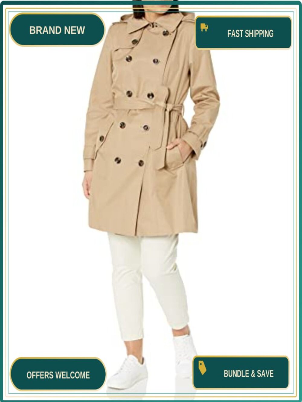 Double Breasted Short Trench Coat with Belt Removable Hood Women's
